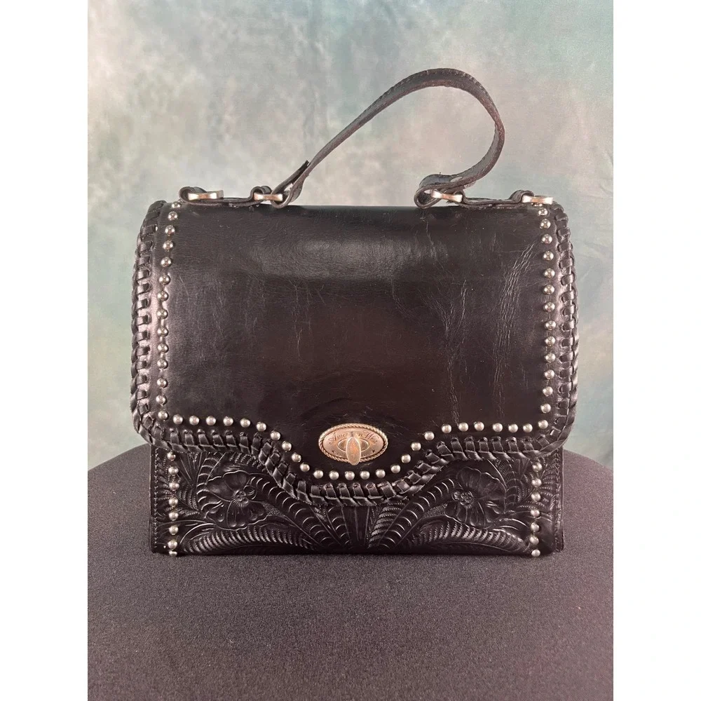 American West Black Hand Tooled Leather Studded Floral Top Handle‎ Handbag Bag